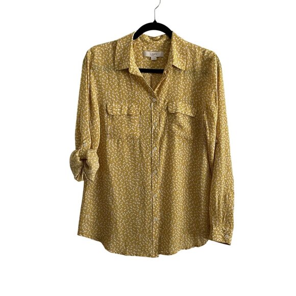 LOFT Women M Yellow Roll Tab Sleeves Button Front Floral Bud Utility Blouse - Picture 1 of 11
